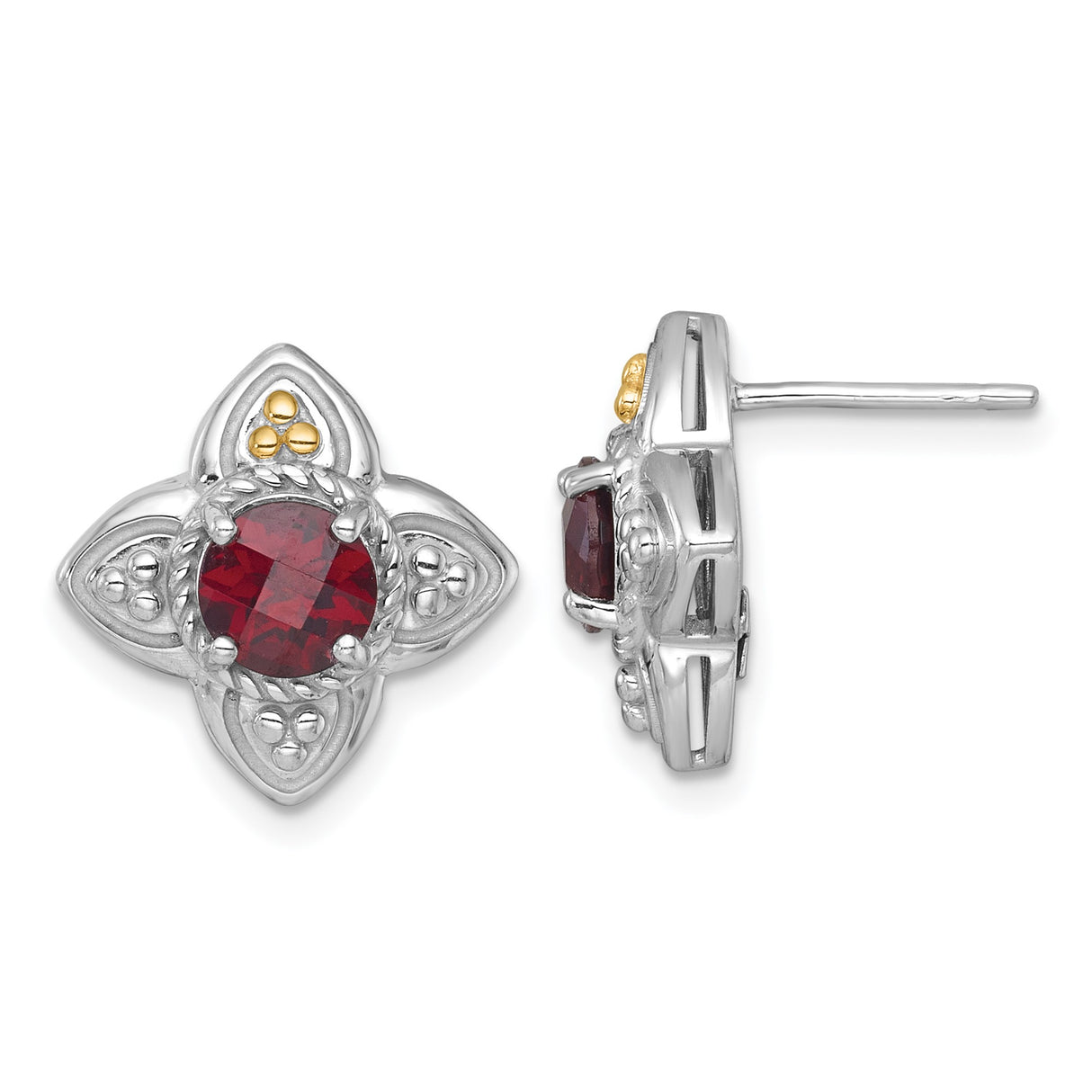 14k Yellow Gold and Sterling Silver Stud Earrings with Garnet, Floral Filigree Design