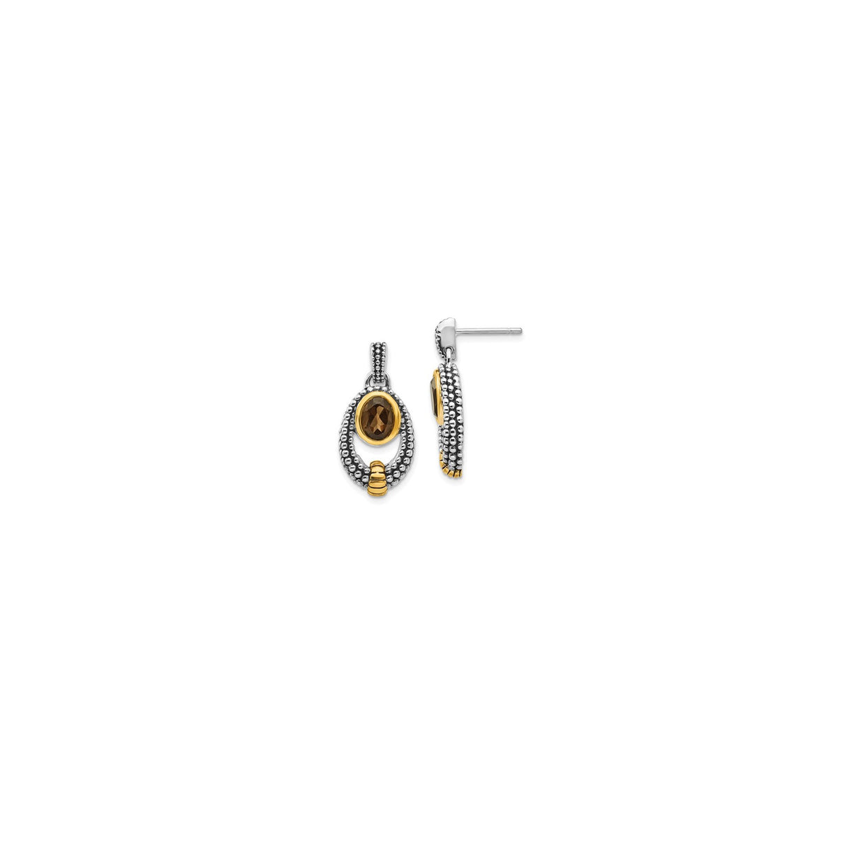 Sterling Silver Dangle Earrings with Oval Smoky Quartz, Two-Tone Beaded Loop Design