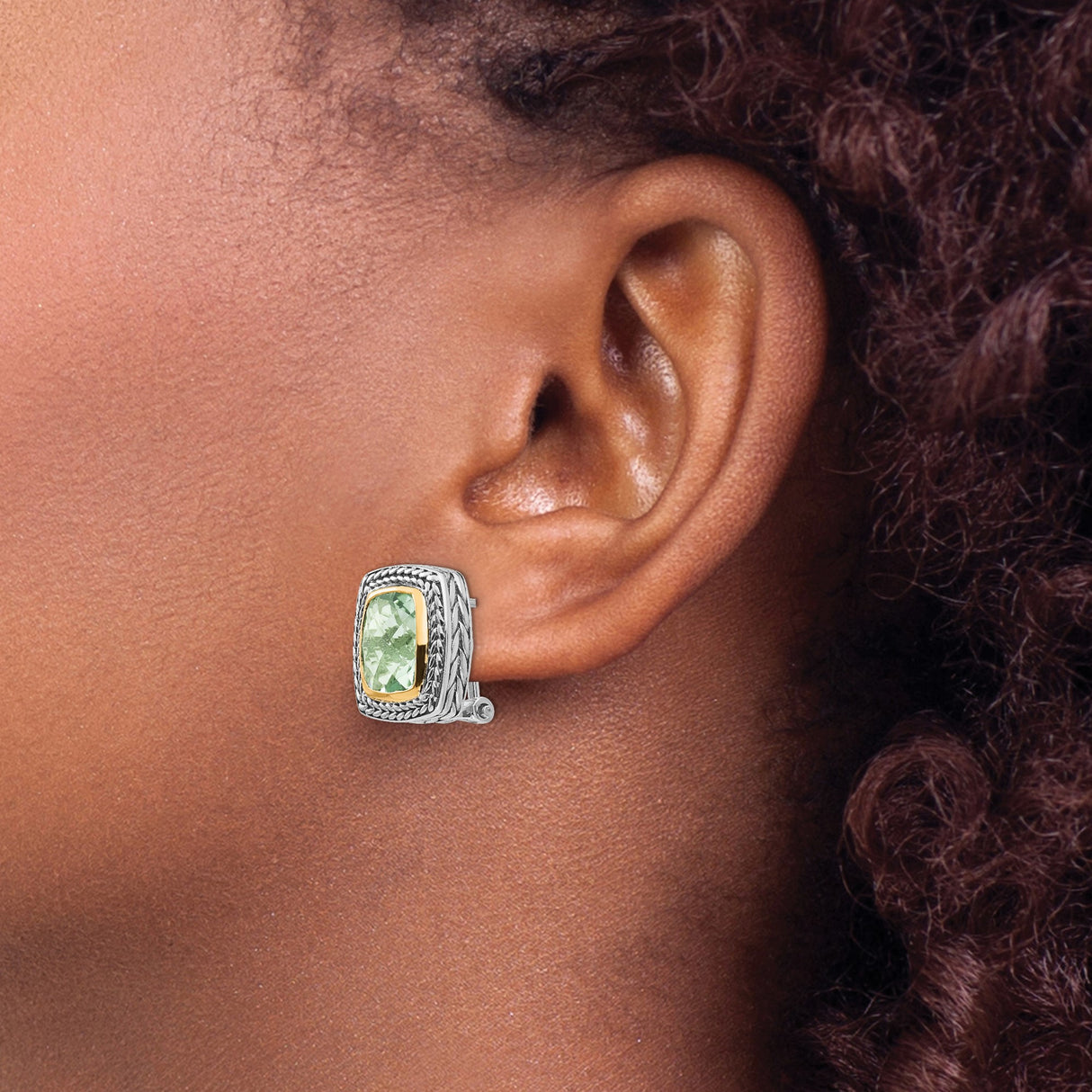 14k Yellow Gold Stud Earrings with Cushion Cut Prasiolite, Two-Tone Braided Vintage Style