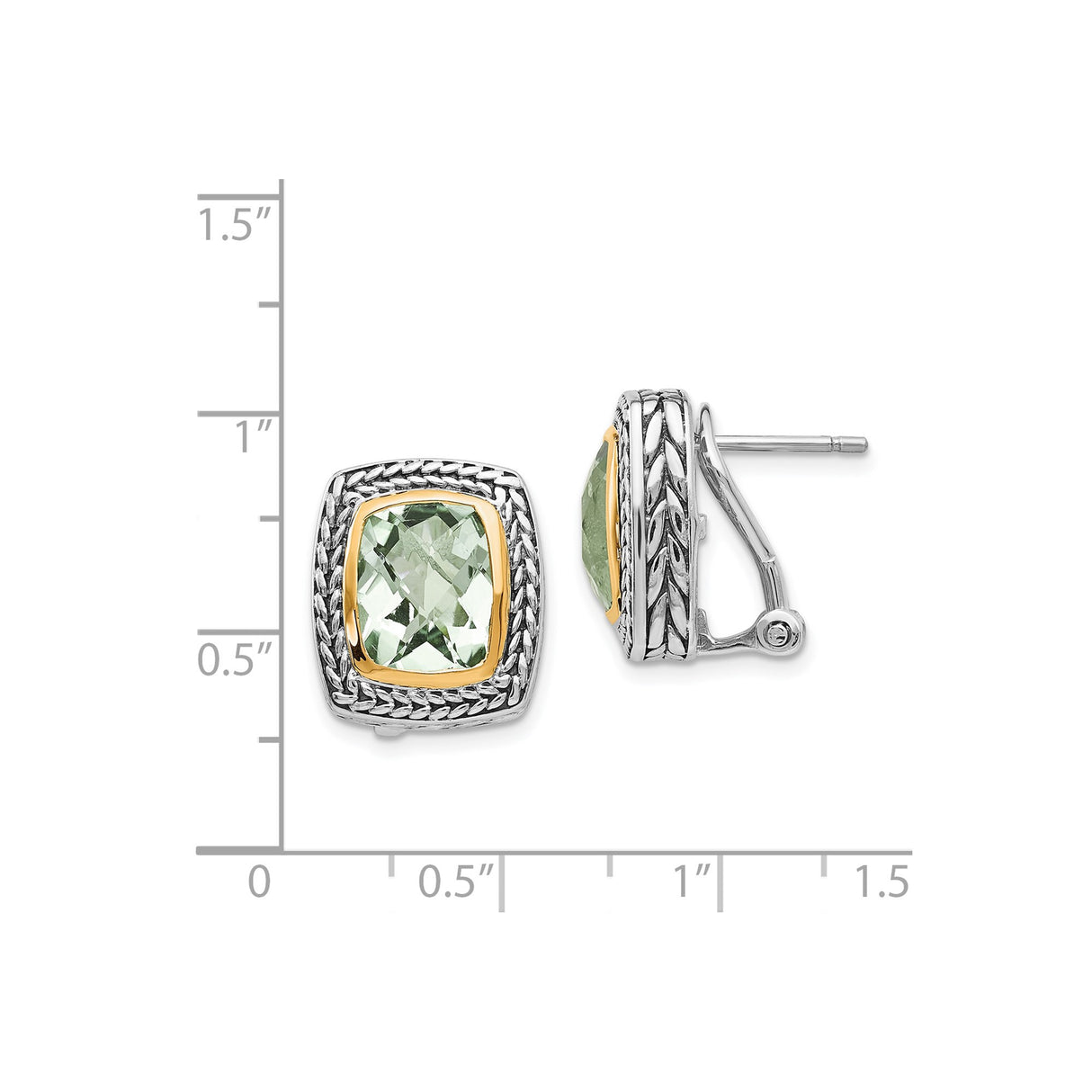 14k Yellow Gold Stud Earrings with Cushion Cut Prasiolite, Two-Tone Braided Vintage Style