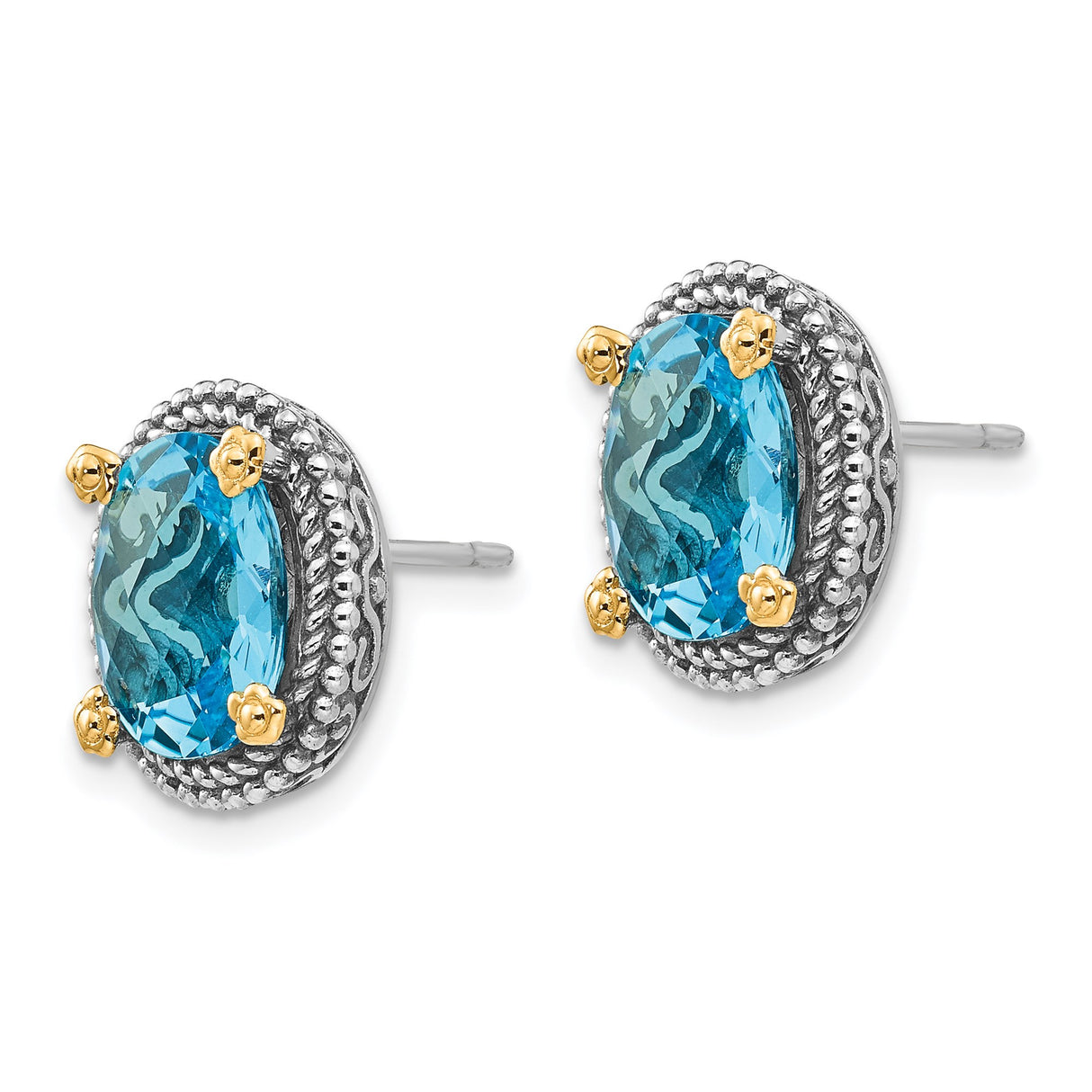 14k Two-Tone Yellow Gold Blue Topaz Stud Earrings, Rope and Scroll Design