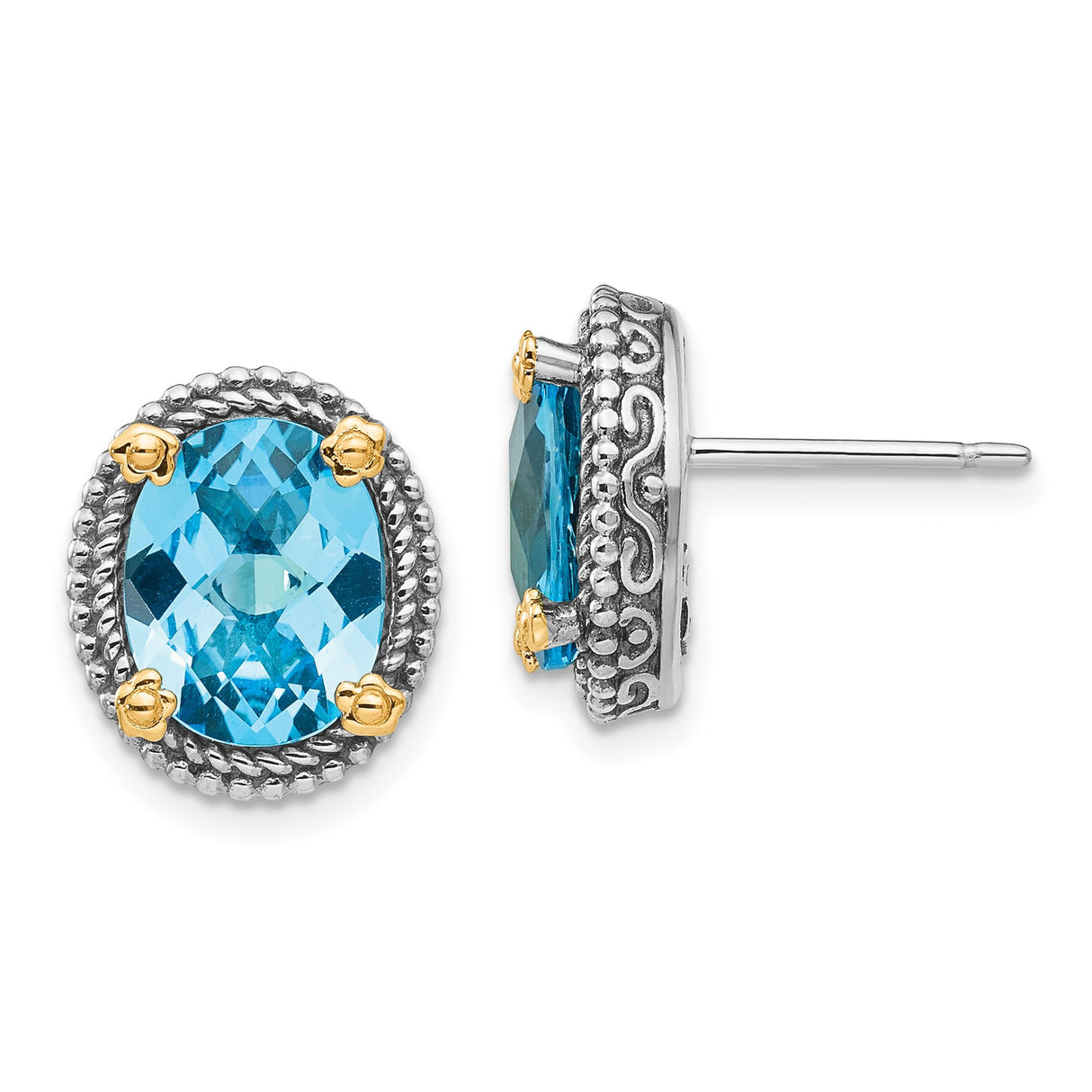 Sterling Silver and 14k Yellow Gold Blue Topaz Stud Earrings, Rope and Scroll Design