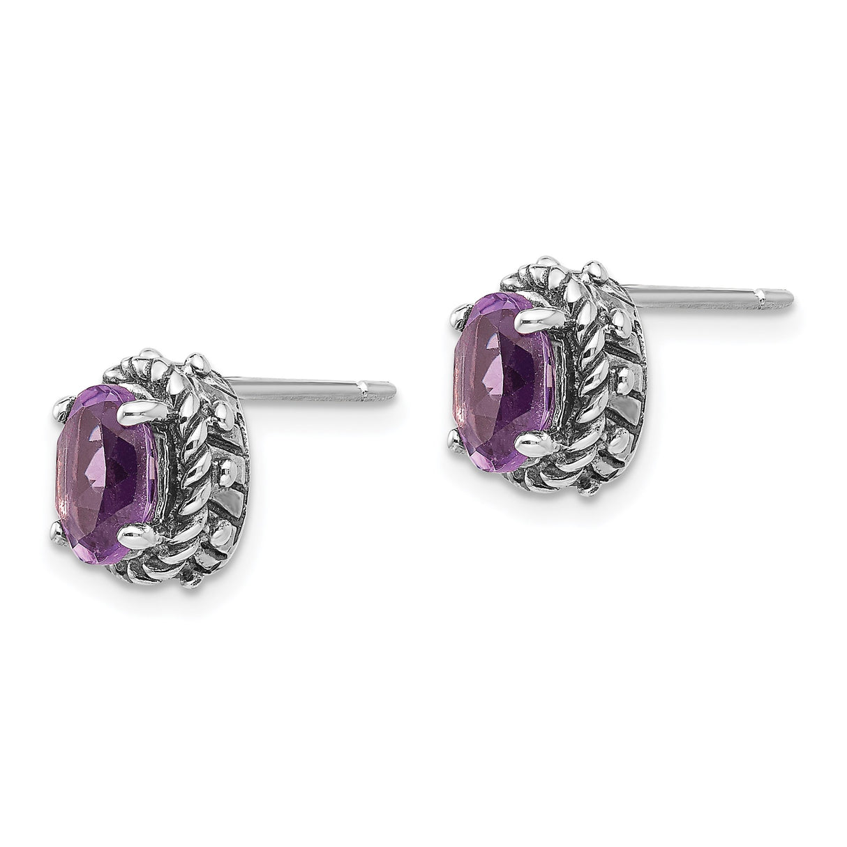 Sterling Silver Amethyst Stud Earrings, Oval Cut, Twisted Rope and Beaded Vintage Design