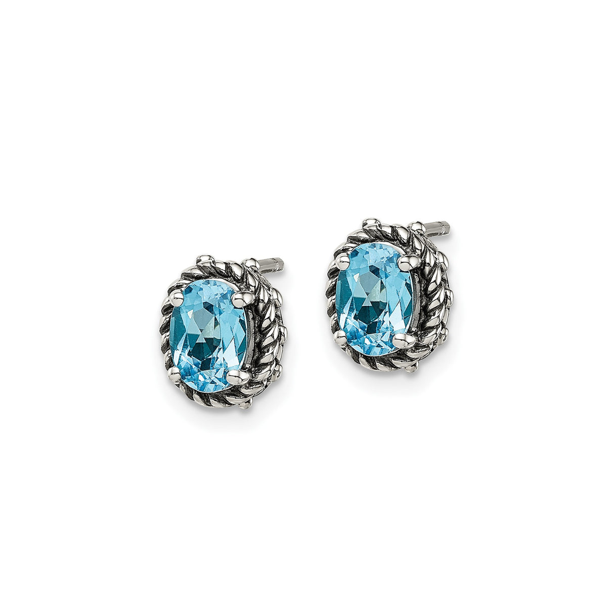 Sterling Silver Stud Earrings with Swiss Blue Topaz, Rope and Beaded Setting, Vintage Style