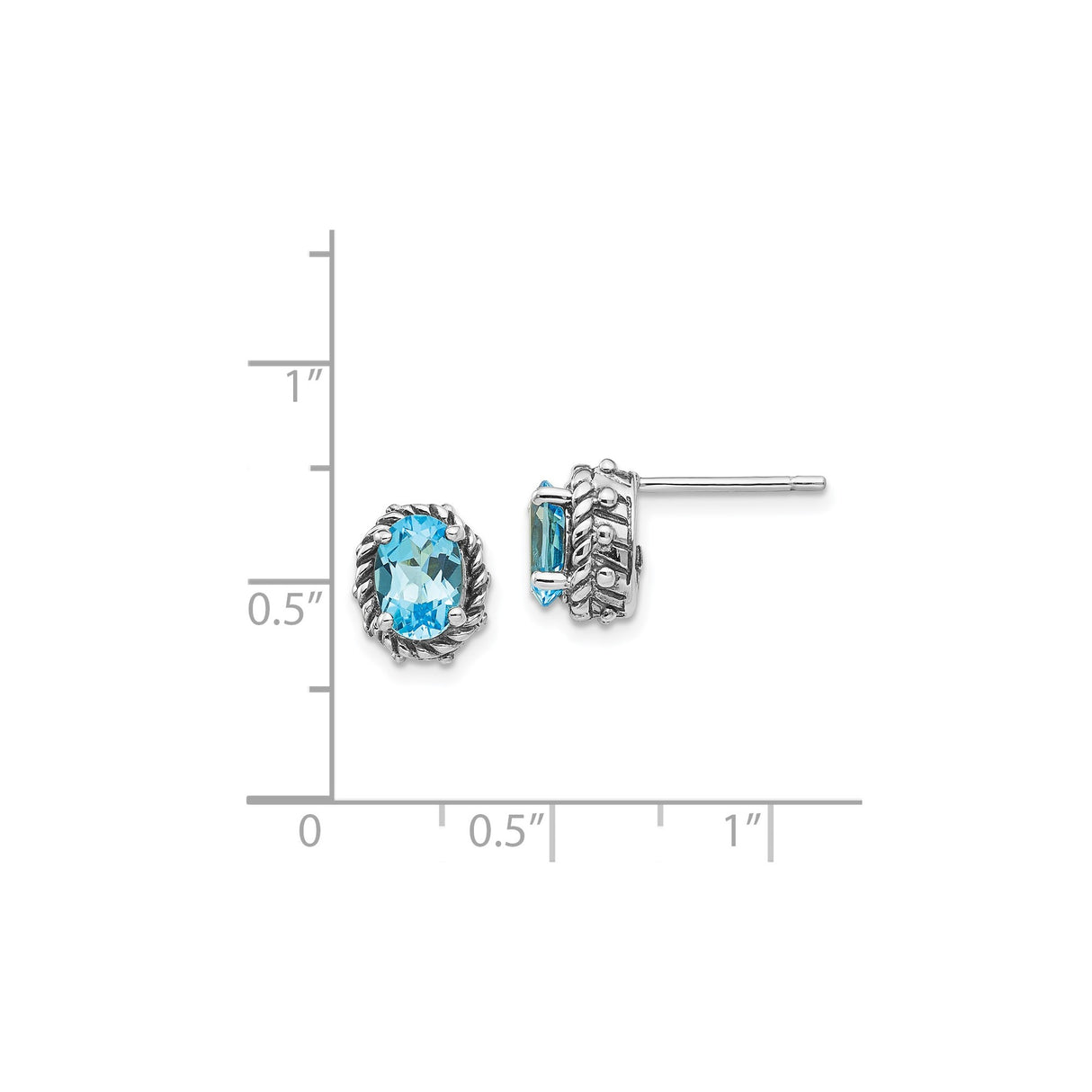 Sterling Silver Stud Earrings with Swiss Blue Topaz, Rope and Beaded Setting, Vintage Style
