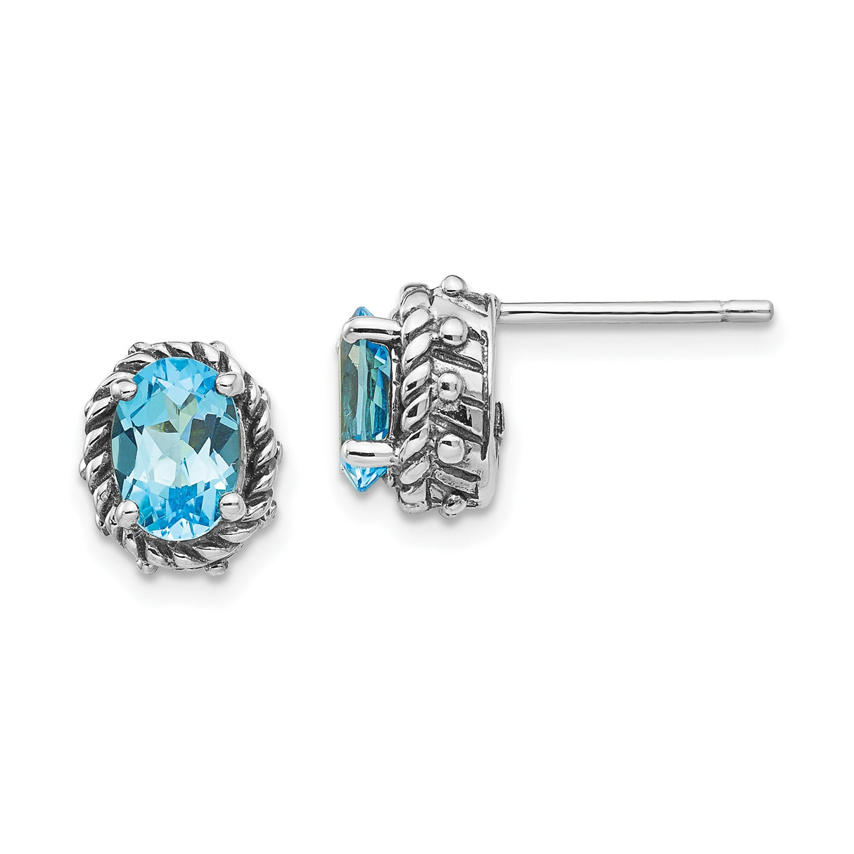 Sterling Silver Stud Earrings with Swiss Blue Topaz, Rope and Beaded Setting, Vintage Style
