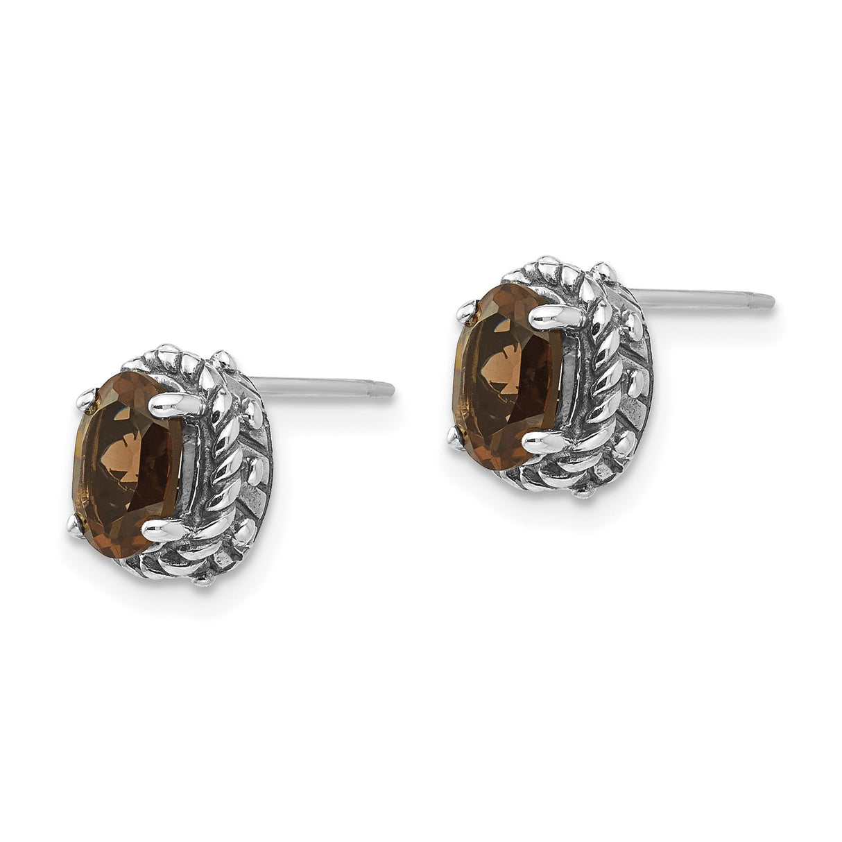 Sterling Silver Stud Earrings with Oval Smoky Quartz, Vintage Rope and Bead Detail
