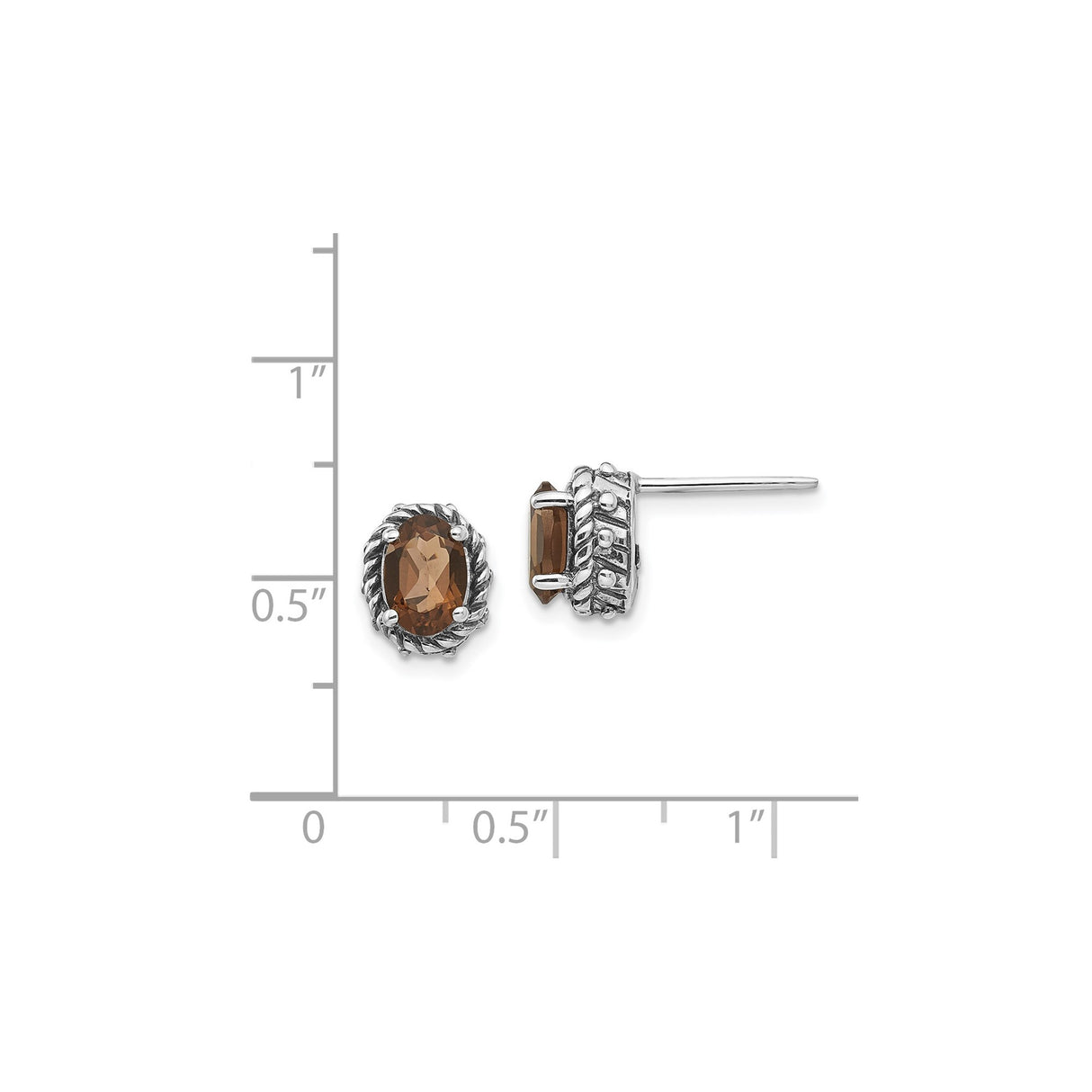 Sterling Silver Stud Earrings with Oval Smoky Quartz, Vintage Rope and Bead Detail