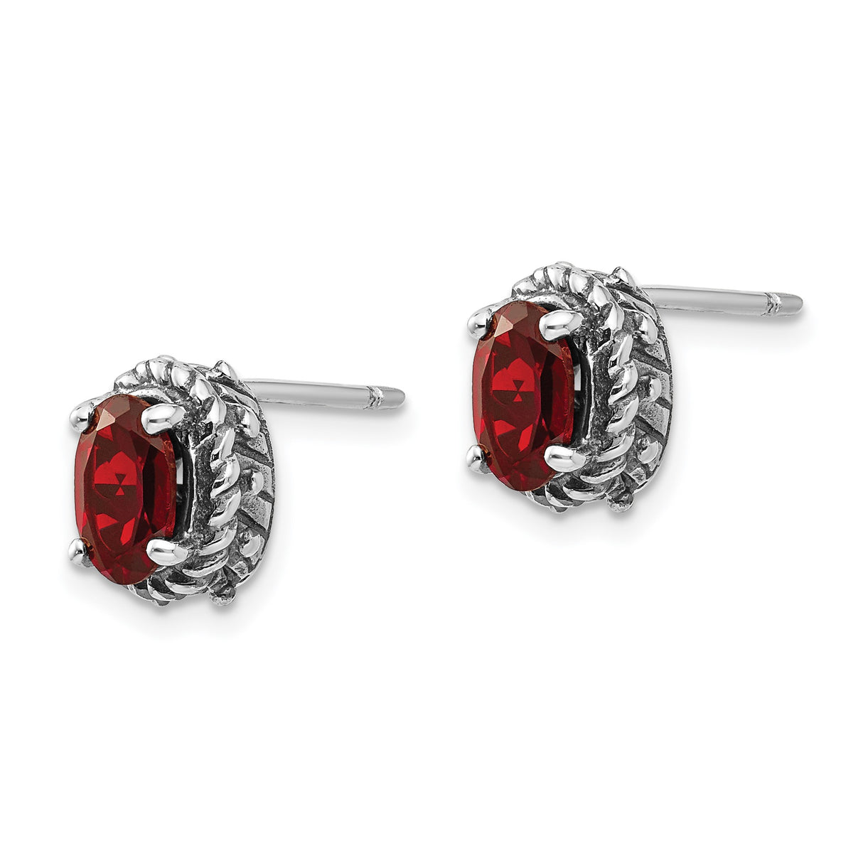 Sterling Silver Garnet Stud Earrings with Oval Cut Gemstones, Vintage Rope and Beaded Design