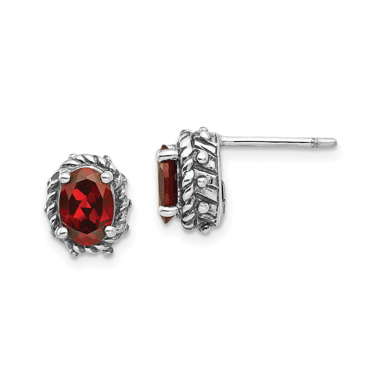 Sterling Silver Garnet Stud Earrings with Oval Cut Gemstones, Vintage Rope and Beaded Design