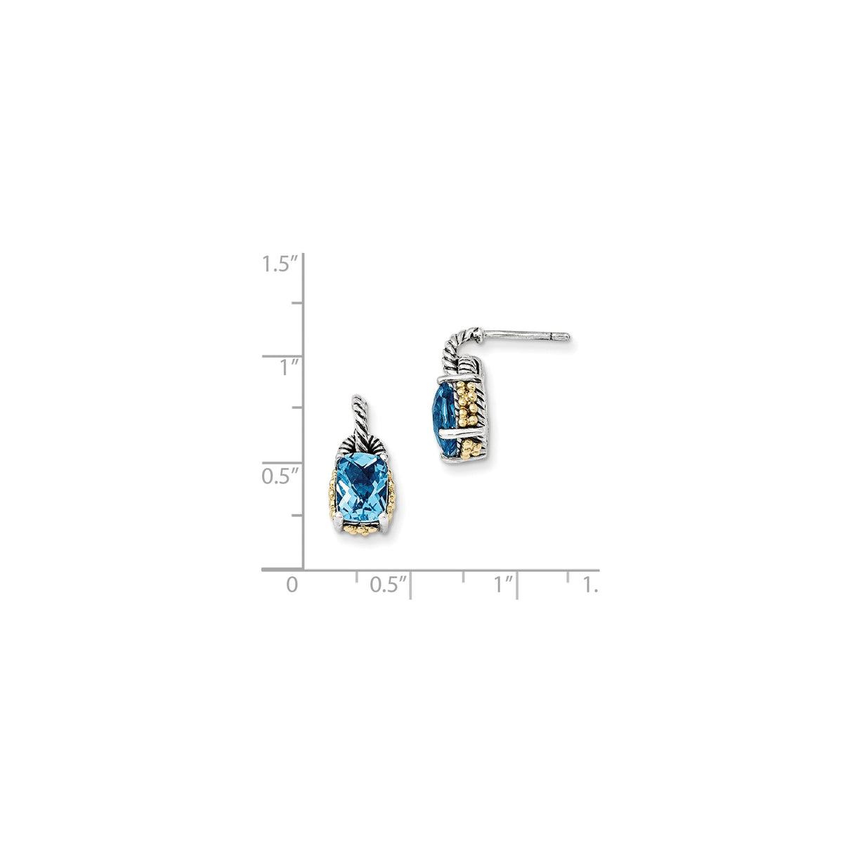 14k Two-Tone Yellow Gold Drop Earrings with Cushion Cut Sky Blue Topaz, Twisted Rope Detail