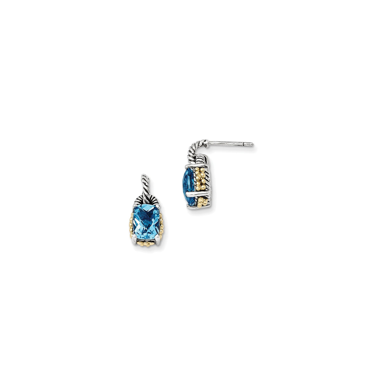 14k Yellow Gold and Sterling Silver Drop Earrings with Cushion Cut Sky Blue Topaz, Twisted Rope Detail