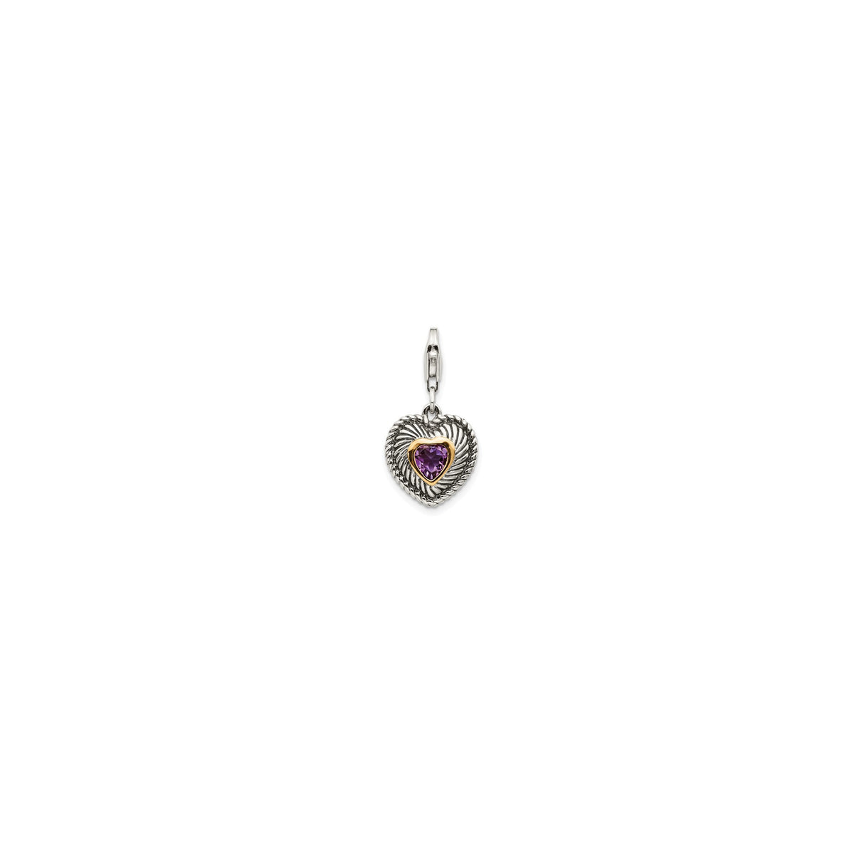 14k Two-Tone Gold and Sterling Silver Heart Pendant with Amethyst Gemstone