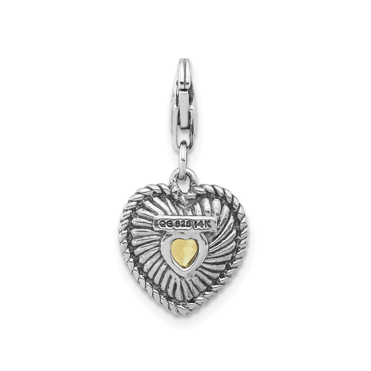 14k Multi-Tone Gold Heart Pendant with Lemon Quartz, Textured Silver Design