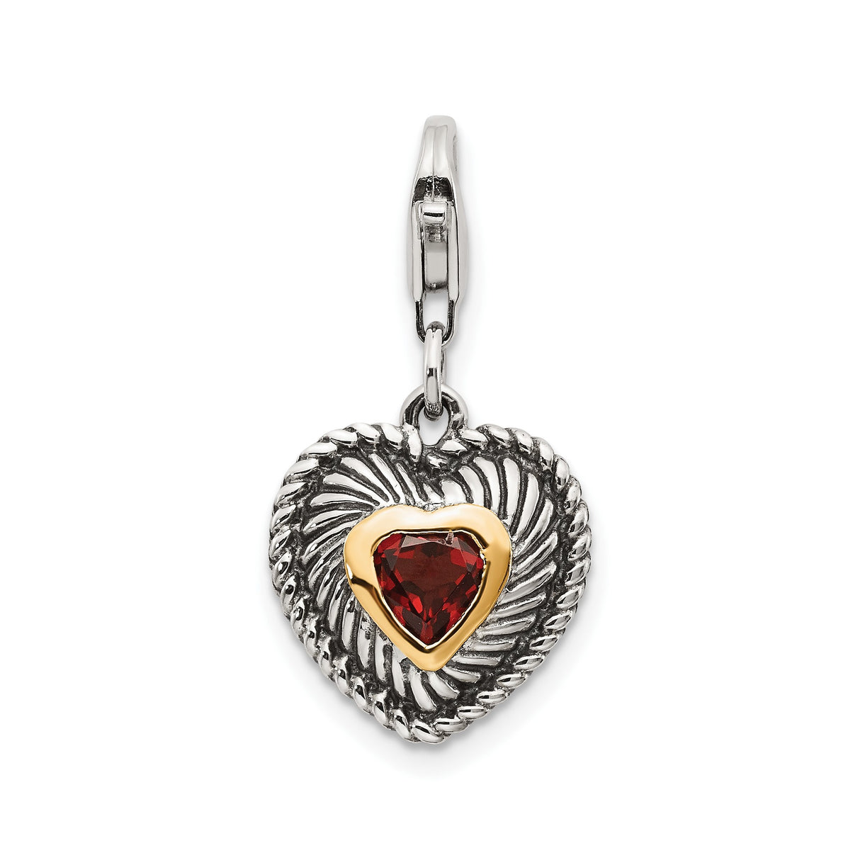 14k Two-Tone Gold and Sterling Silver Heart Pendant with Garnet and Rope Design