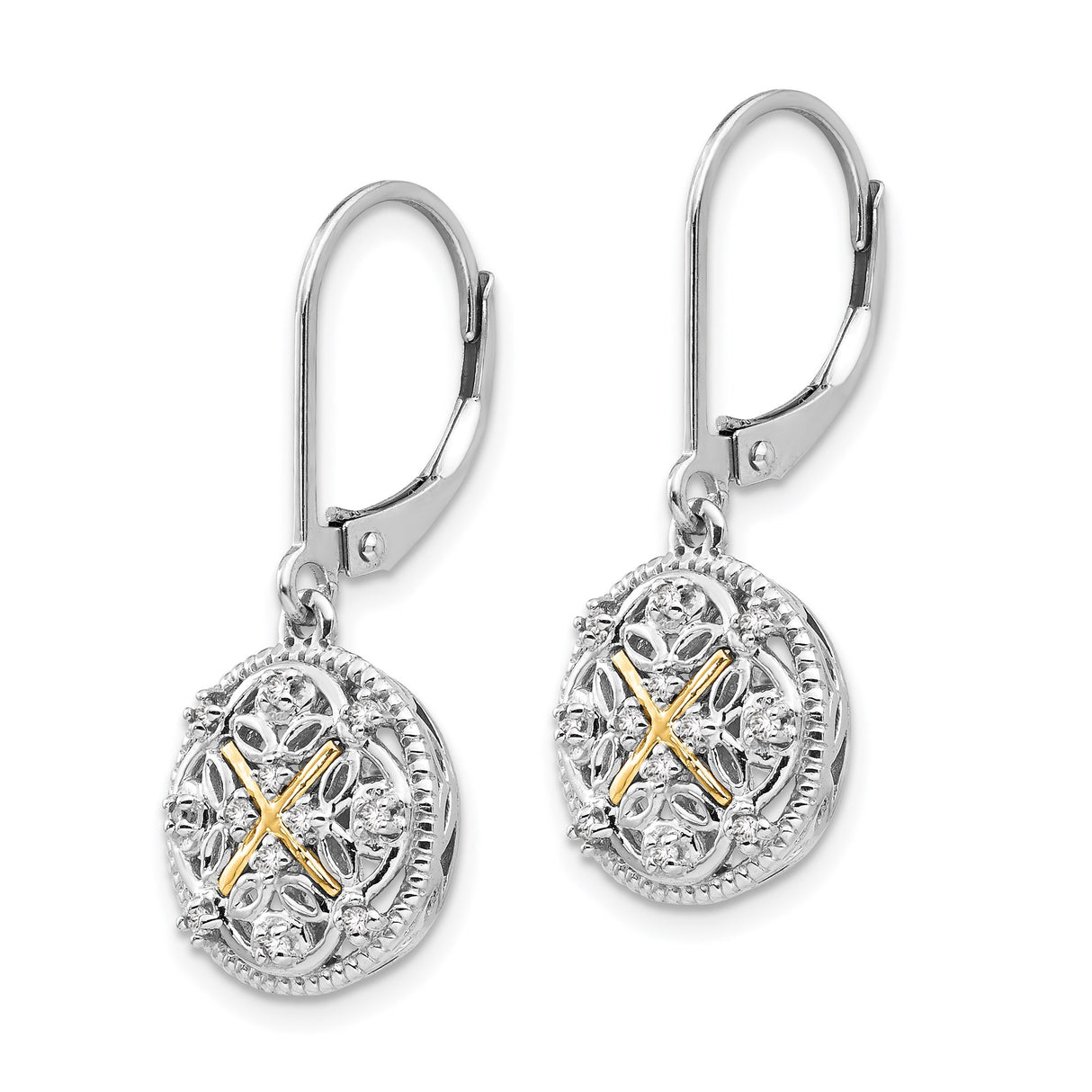 14k Yellow Gold Dangle Earrings with Diamond, Filigree Cross Design, Two-Tone Religious Style