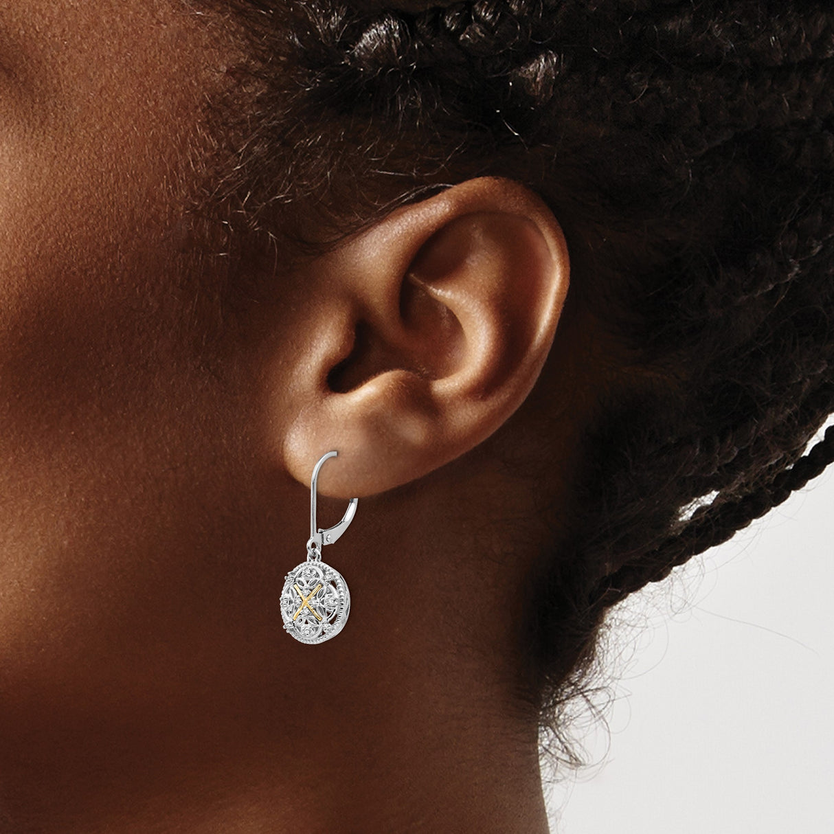 14k Yellow Gold Dangle Earrings with Diamond, Filigree Cross Design, Two-Tone Religious Style