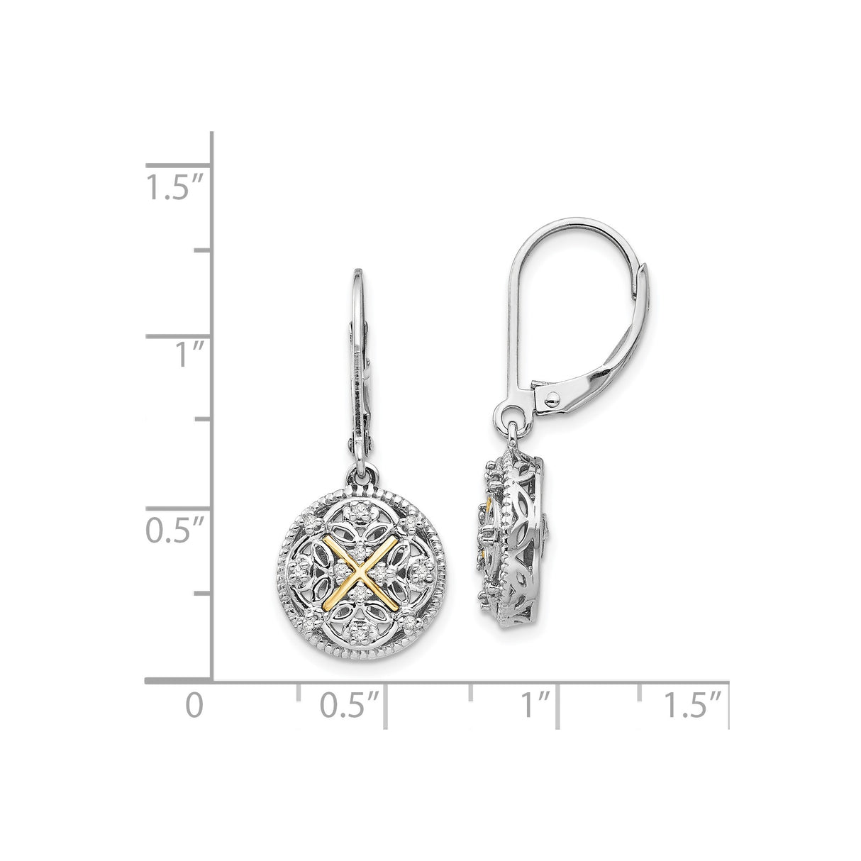 14k Yellow Gold Dangle Earrings with Diamond, Filigree Cross Design, Two-Tone Religious Style