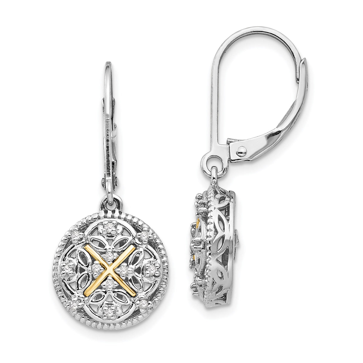 14k Yellow Gold Dangle Earrings with Diamond, Filigree Cross Design, Two-Tone Religious Style