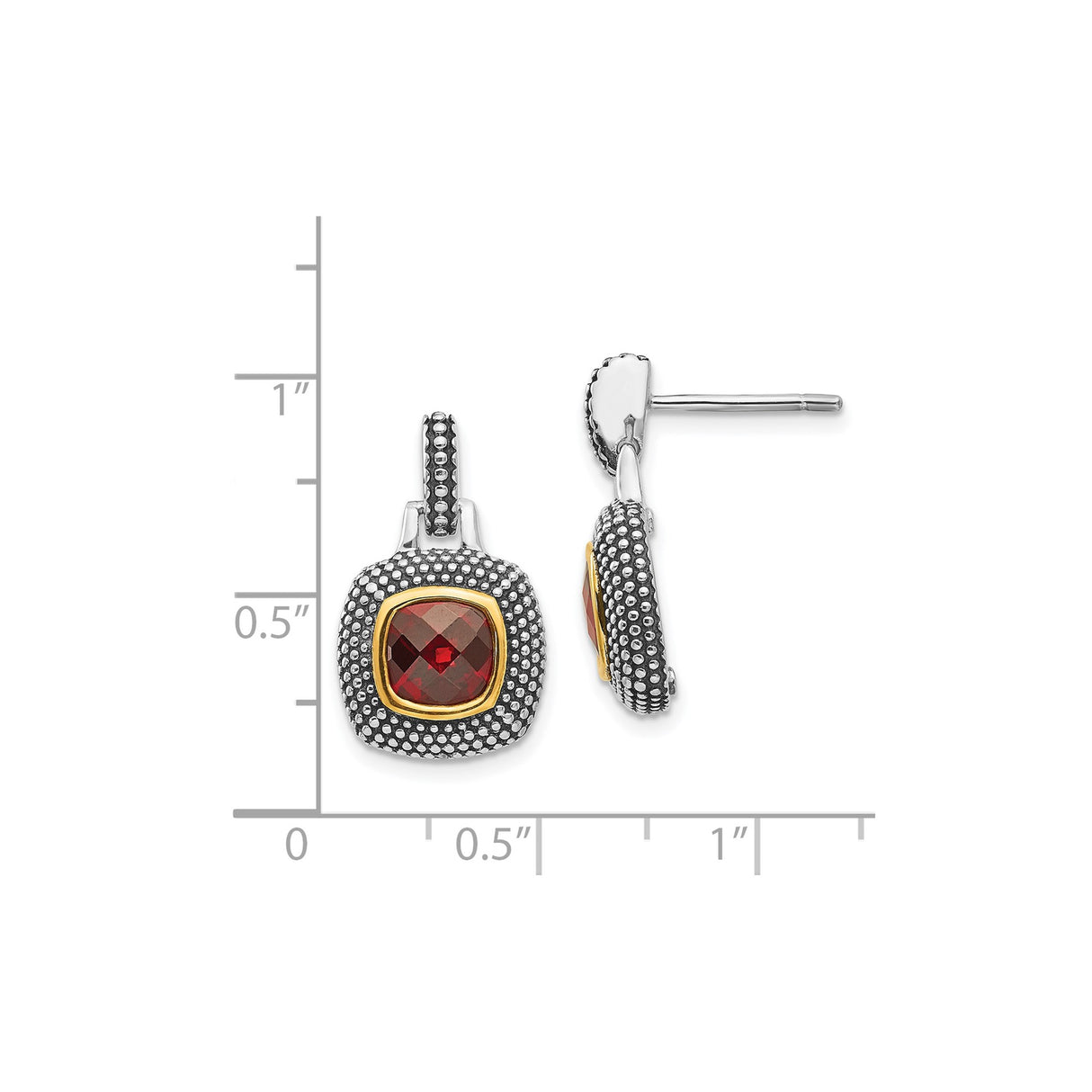 Sterling Silver Stud Earrings with Garnet, Gold Bezel Setting, Vintage Textured Dot Design