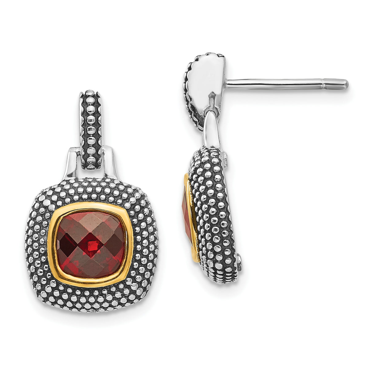 Sterling Silver Stud Earrings with Garnet, Gold Bezel Setting, Vintage Textured Dot Design