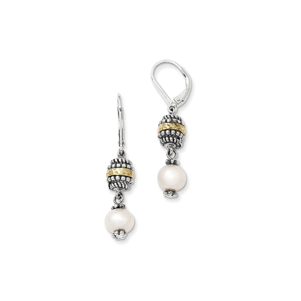 Sterling Silver and 14k Yellow Gold Drop Earrings with White Pearls, Boho Vintage Dangle Design