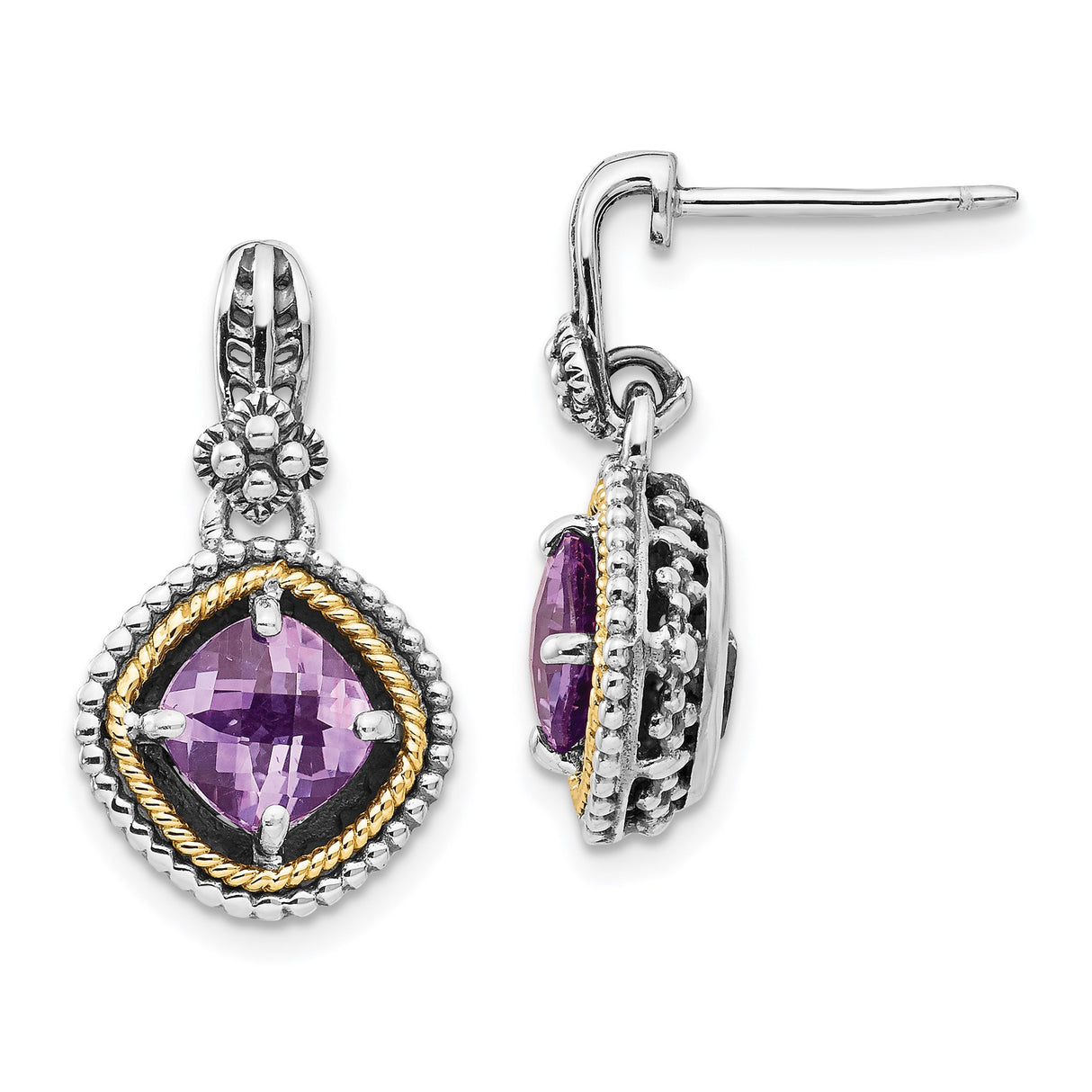 Sterling Silver and 14k Yellow Gold Dangle Earrings with Amethyst, Vintage Floral Rope Design