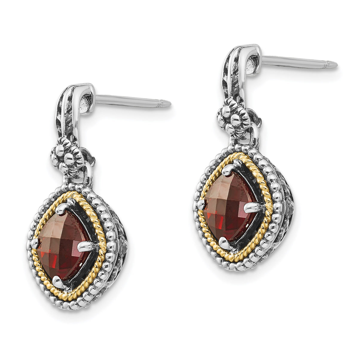 14k Two-Tone Yellow Gold Dangle Earrings with Garnet, Beaded Setting, Vintage Style