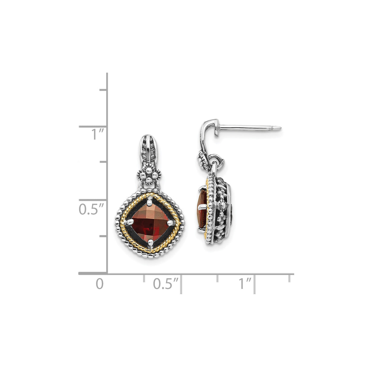 14k Two-Tone Yellow Gold Dangle Earrings with Garnet, Beaded Setting, Vintage Style