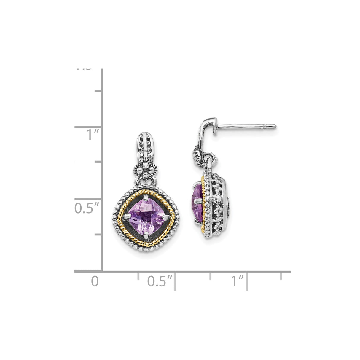 14k Two-Tone Yellow Gold Dangle Earrings with Amethyst, Floral Rope Vintage Design
