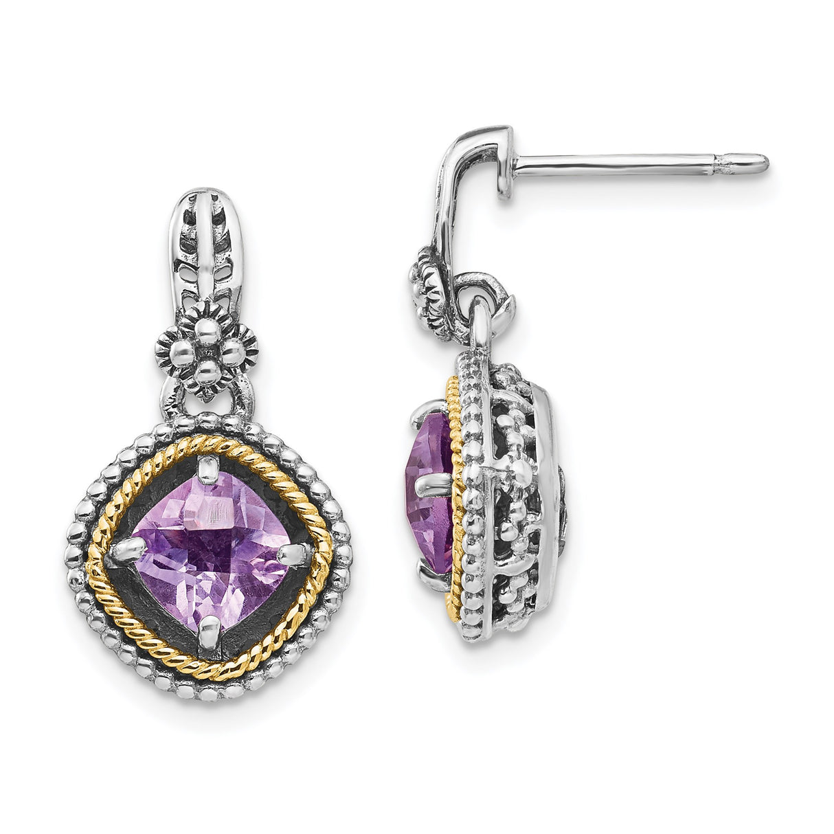 14k Yellow Gold and Sterling Silver Dangle Earrings with Amethyst, Floral Rope Vintage Design