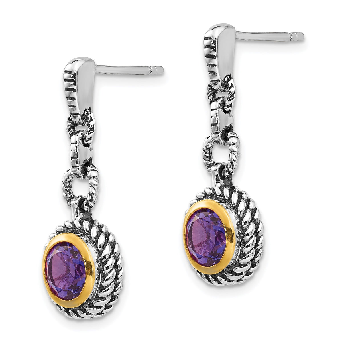 Sterling Silver Drop Earrings with Amethyst, Twisted Rope Bezel, Two Tone Vintage Style