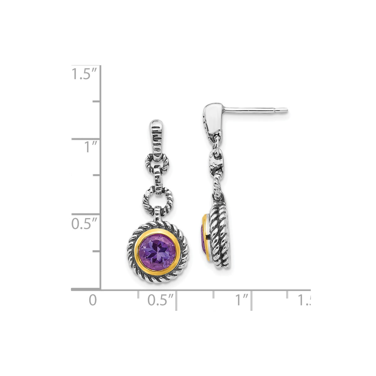 Sterling Silver Drop Earrings with Amethyst, Twisted Rope Bezel, Two Tone Vintage Style