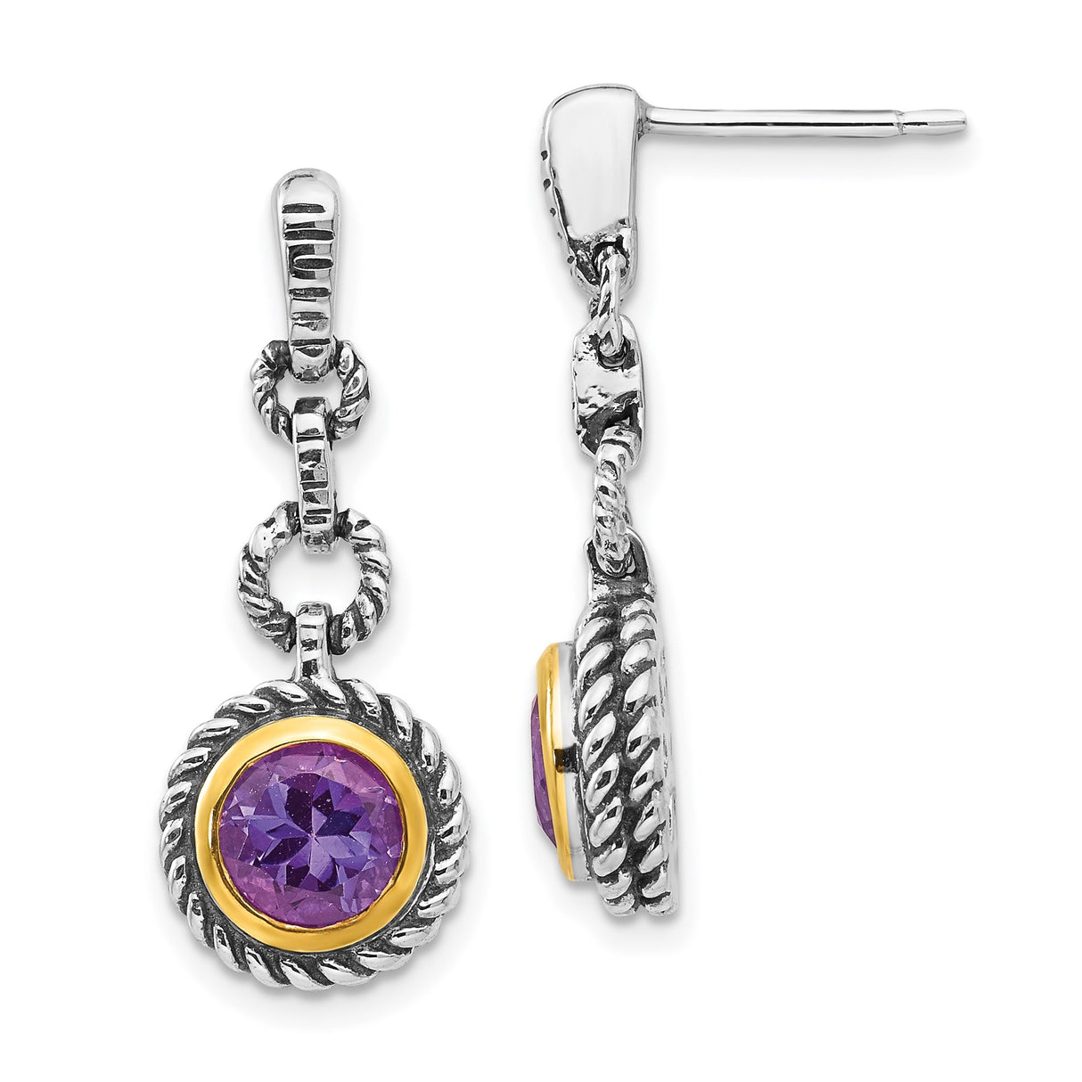Sterling Silver Drop Earrings with Amethyst, Twisted Rope Bezel, Two Tone Vintage Style