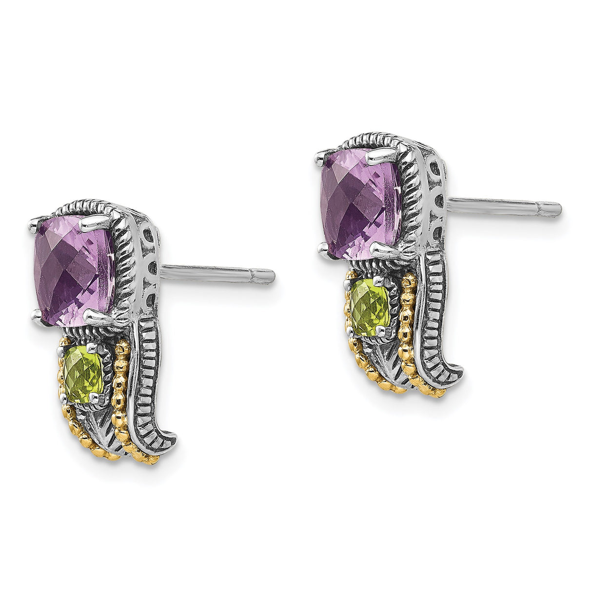 14k Yellow Gold Stud Earrings with Amethyst and Peridot, Two-Tone Boho Artisan Style