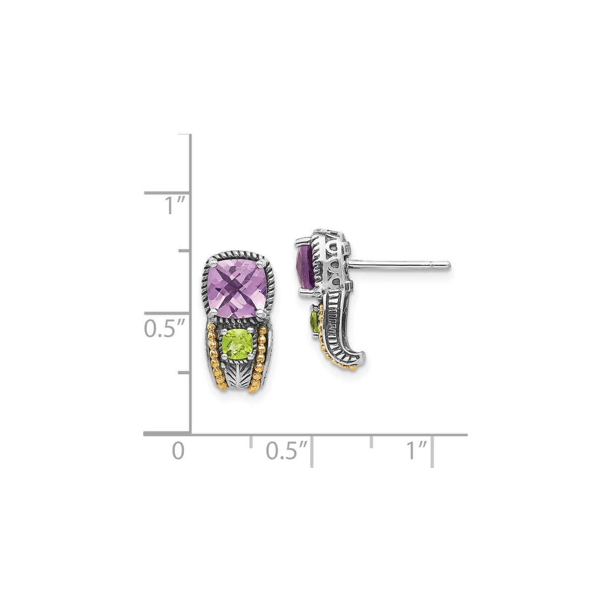14k Yellow Gold Stud Earrings with Amethyst and Peridot, Two-Tone Boho Artisan Style