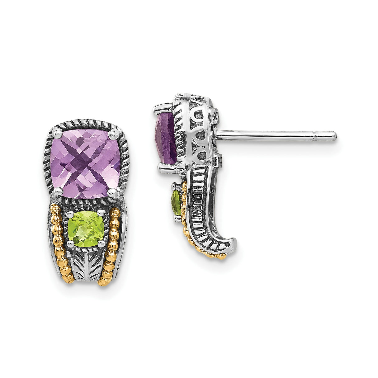 14k Yellow Gold Stud Earrings with Amethyst and Peridot, Two-Tone Boho Artisan Style