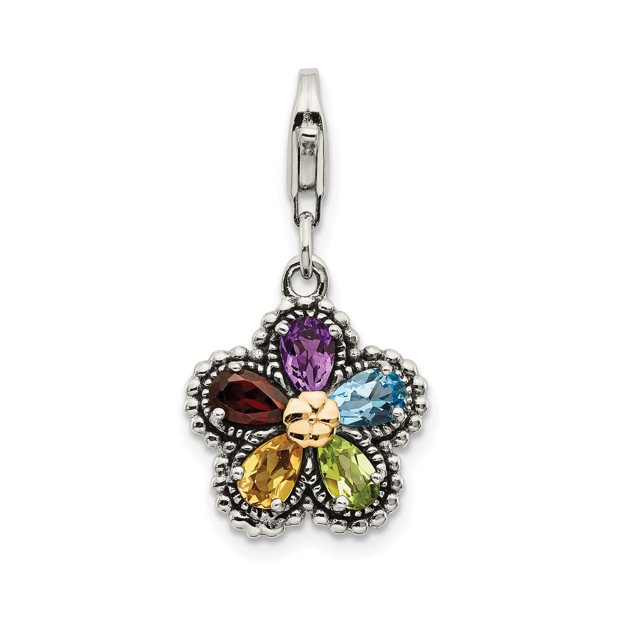 14k Two-Tone Gold and Sterling Silver Floral Charm Pendant with Amethyst and Citrine