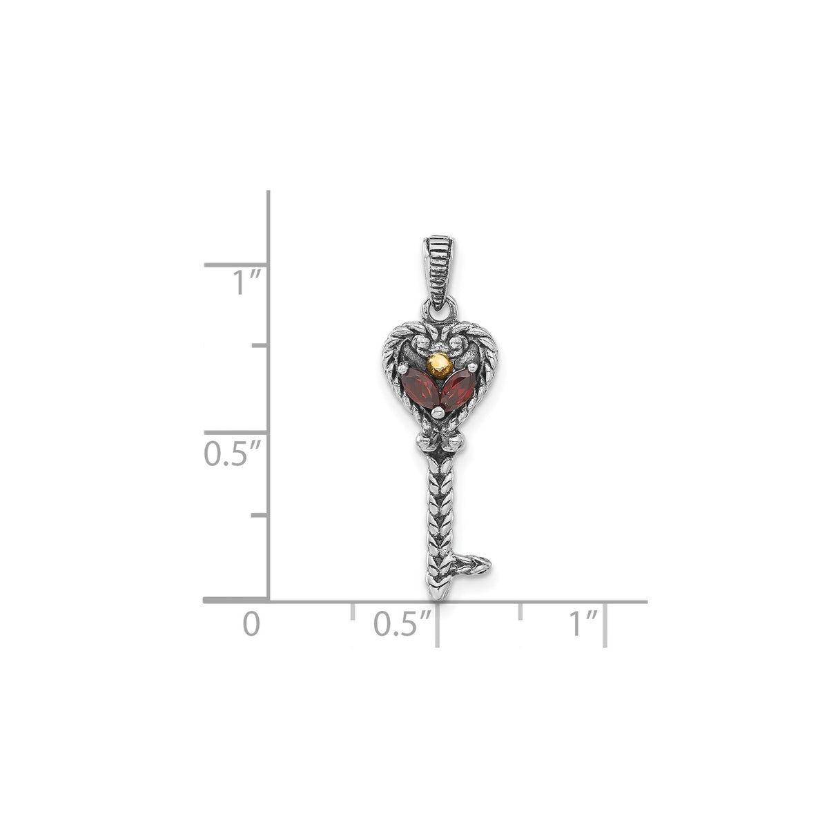 14k Multi-Tone Gold Heart Key Pendant with Garnet, Braided Vintage Style