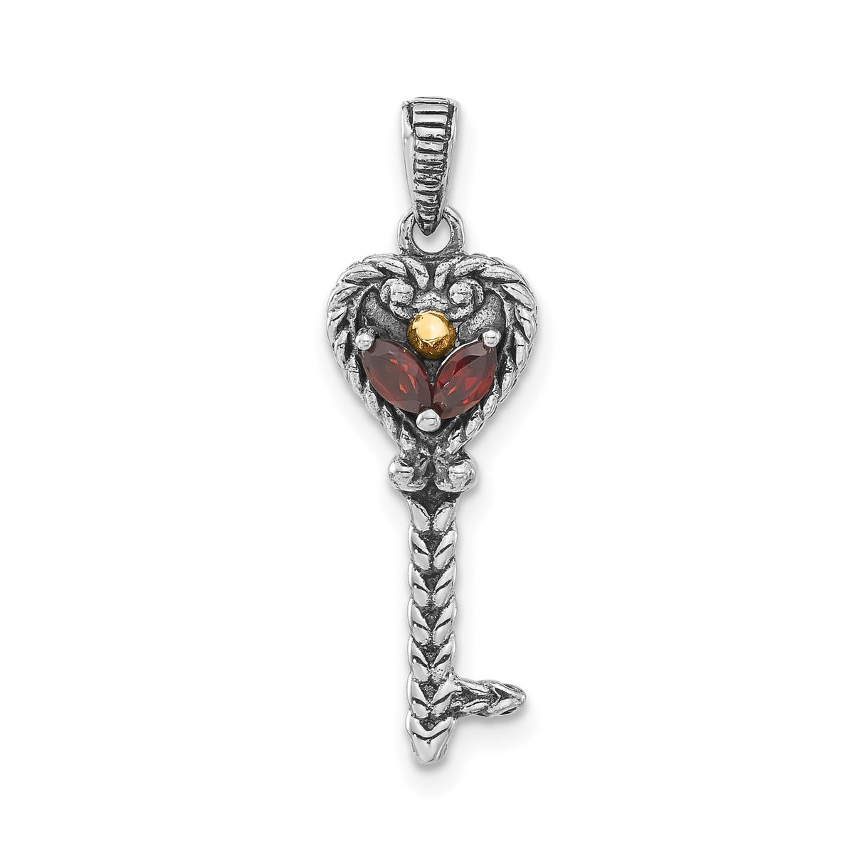 14k Multi-Tone Gold and Sterling Silver Heart Key Pendant with Garnet, Braided Vintage Style