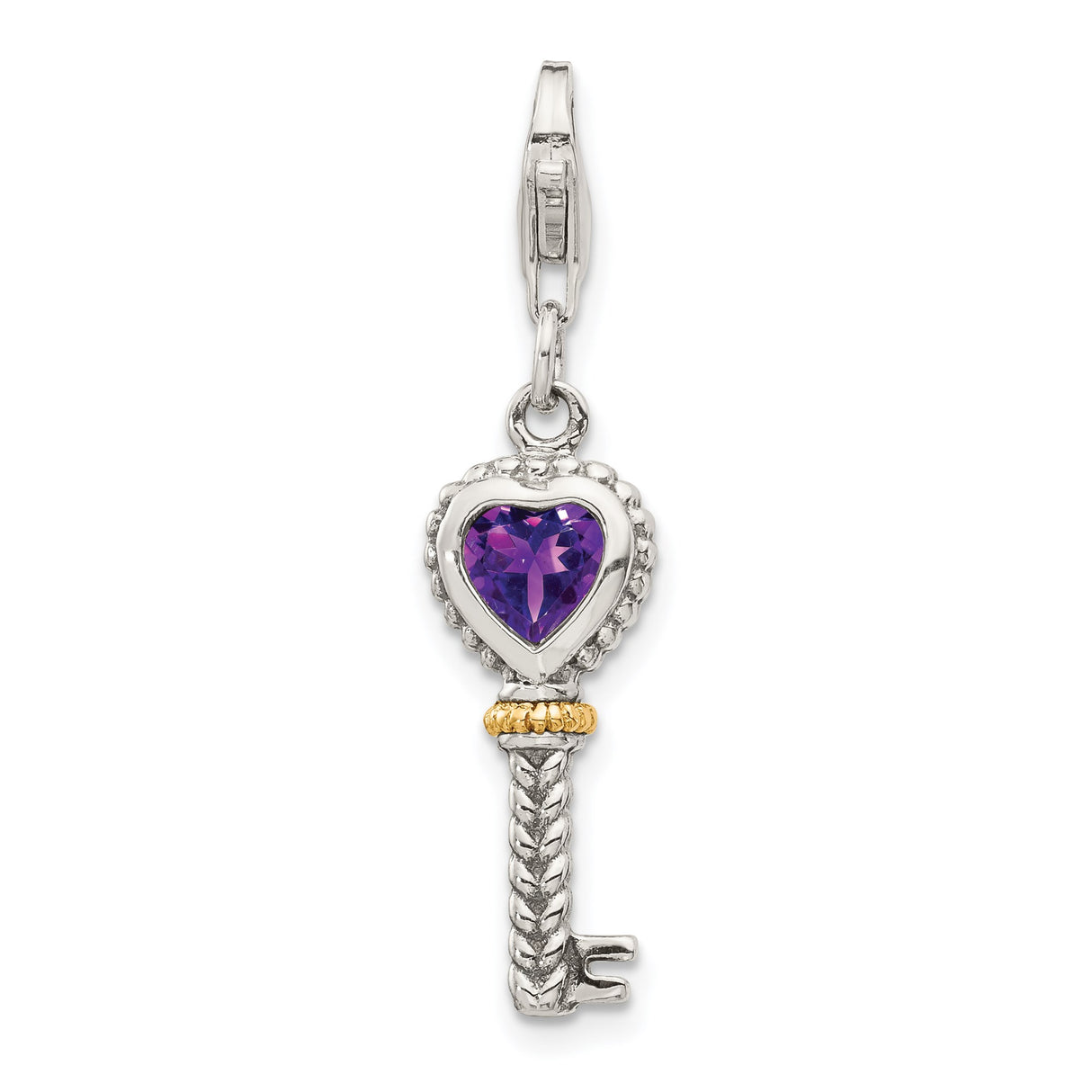 14k Multi-Tone Gold and Sterling Silver Heart Key Pendant with Amethyst