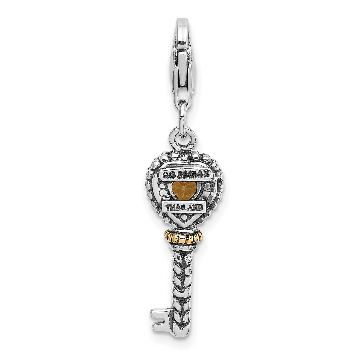 14k Two-Tone Gold Key Pendant with Heart-Shaped Citrine and Rope Detail