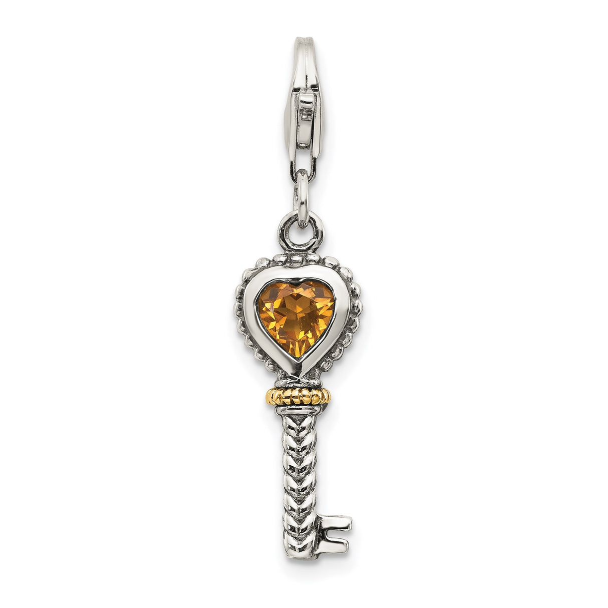 14k Two-Tone Gold Key Pendant with Heart-Shaped Citrine and Rope Detail
