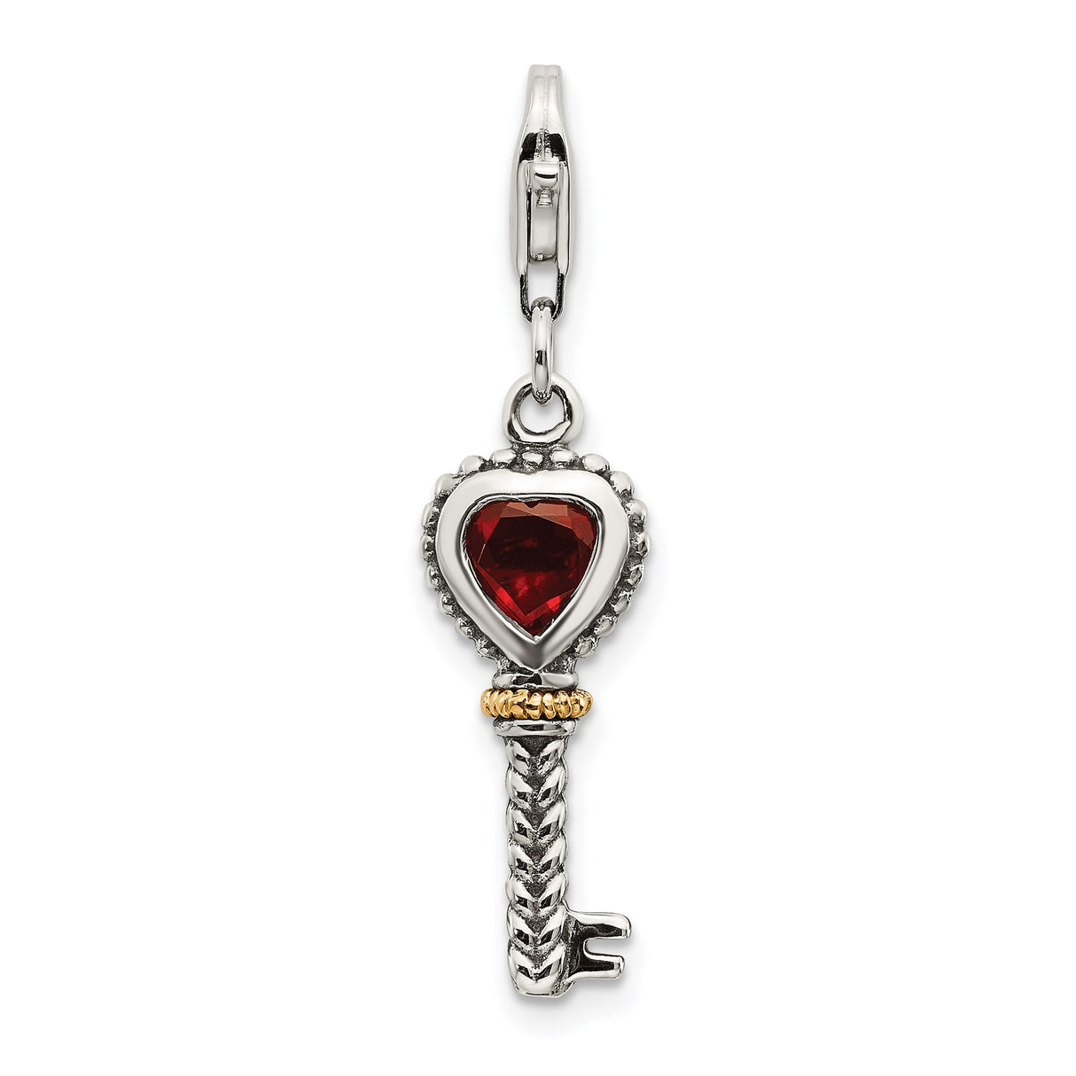 14k Two-Tone Gold and Sterling Silver Heart Key Charm with Garnet