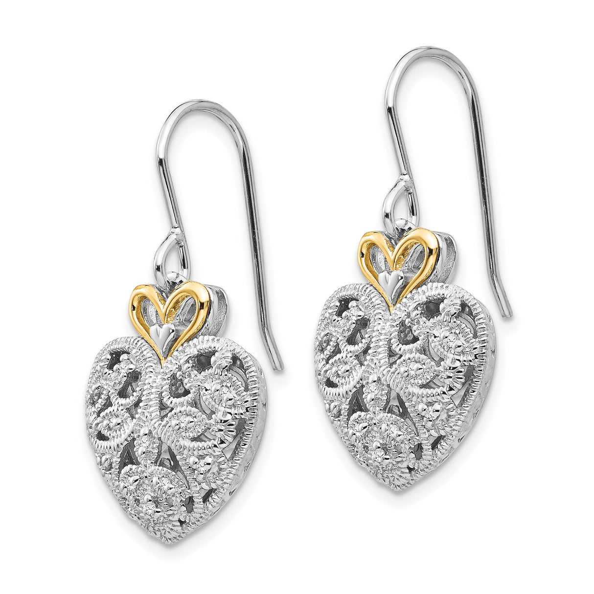 14k Yellow Gold Two-Tone Heart Dangle Earrings with Diamond Accent, Filigree Design for Women