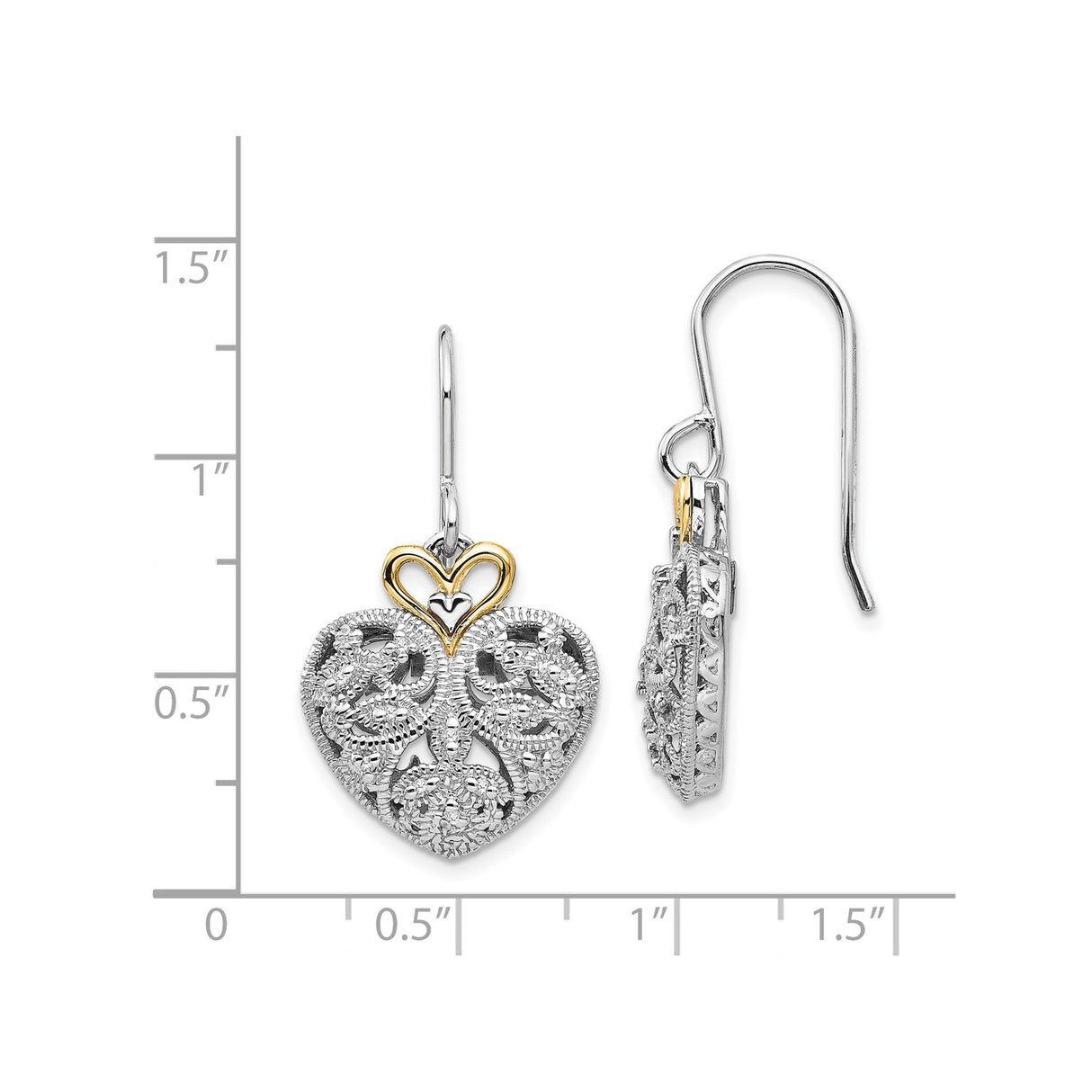 14k Yellow Gold Two-Tone Heart Dangle Earrings with Diamond Accent, Filigree Design for Women