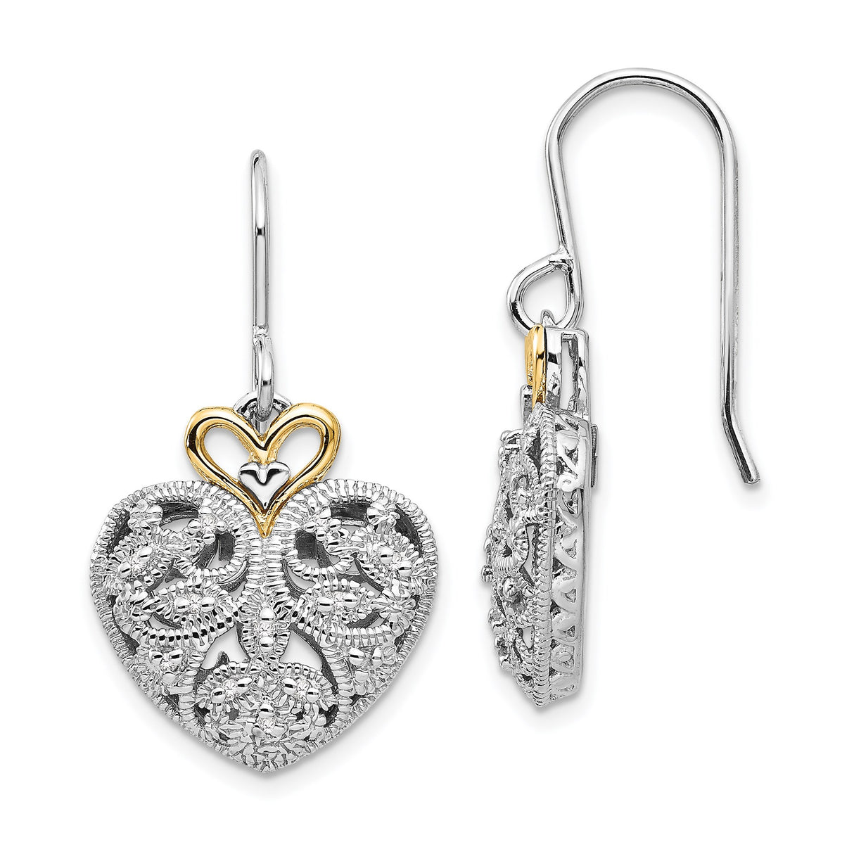 14k Yellow Gold Two-Tone Heart Dangle Earrings with Diamond Accent, Filigree Design for Women