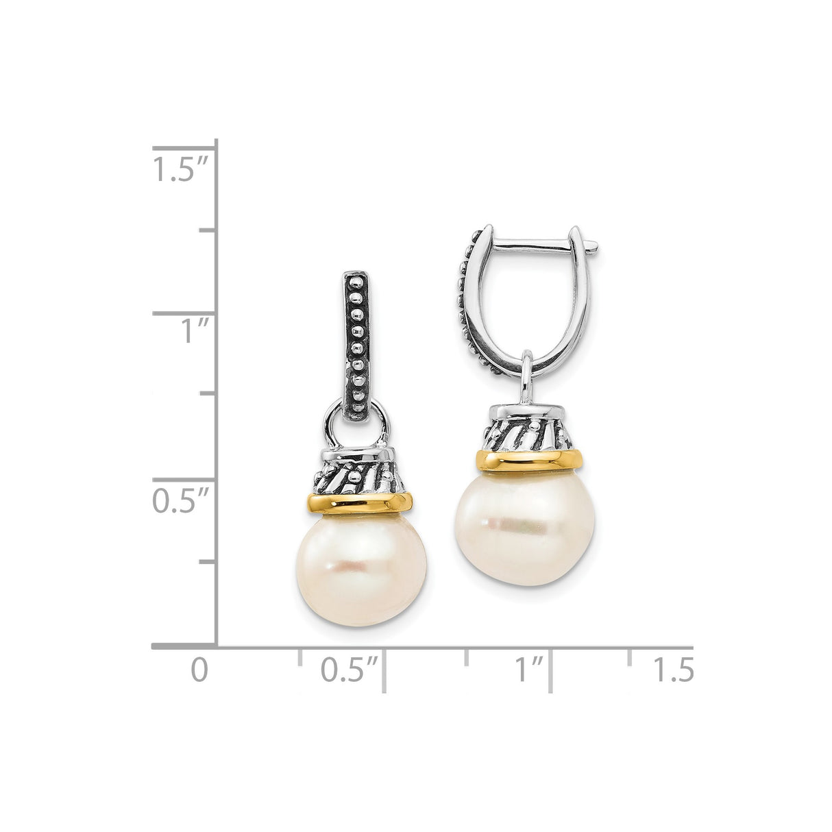 14k Two-Tone Yellow Gold Drop Earrings with Diamond and White Freshwater Pearls, Ornate Design