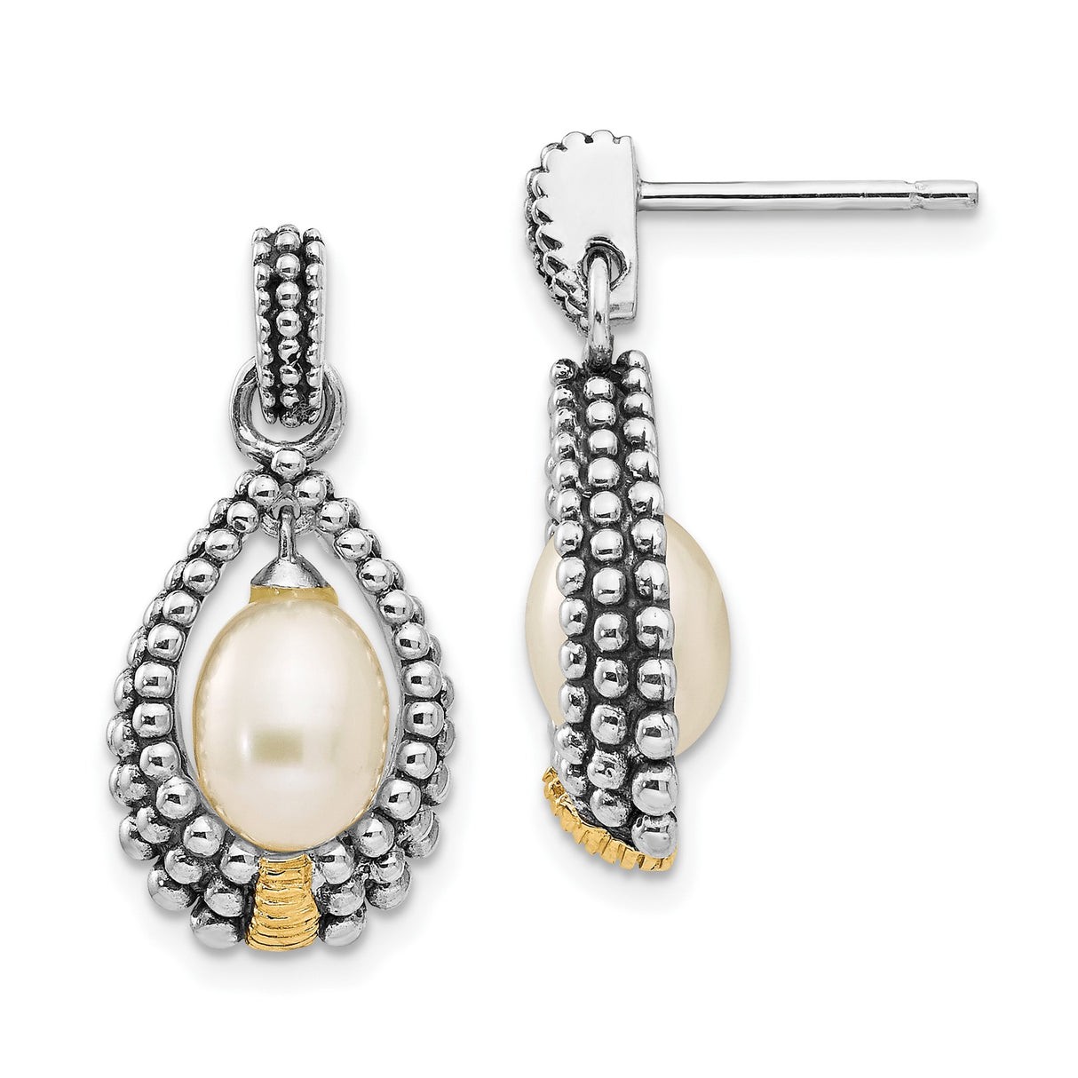 14k Yellow Gold and Sterling Silver Drop Earrings with Oval Pearl Teardrop Design