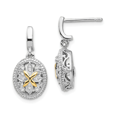 14k Yellow Gold and Sterling Silver Drop Earrings with Diamond, Floral Filigree Vintage Design
